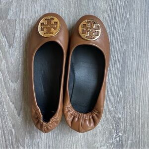 Tory Burch Tan Leather Flats with Gold Emblem